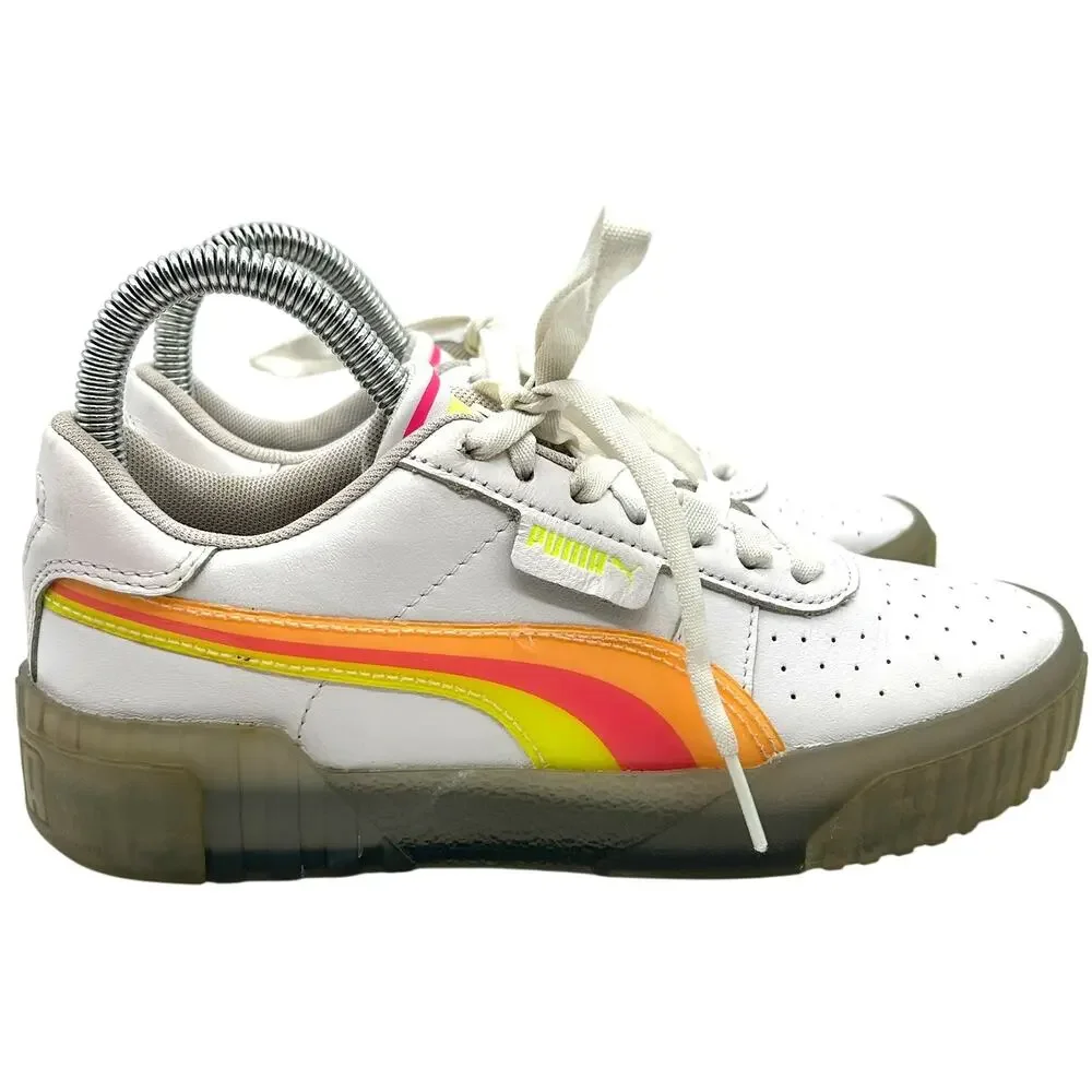 Puma Cali White Leather Neon Iced Sneaker SIZE 6.5 Rainbow Clear Sole Retro Y2K